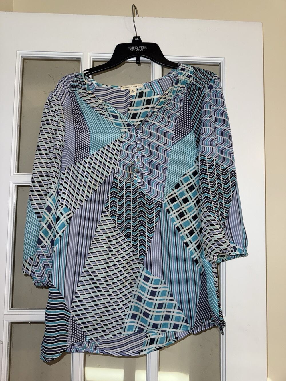 Banana Republic Top Multicolor Geometric Print V Neck Popover Blouse Medium